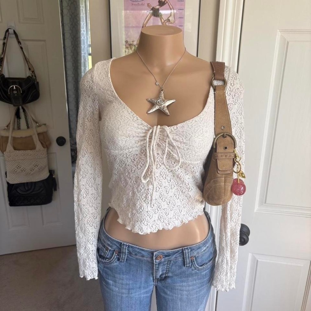 y2k 2000s cream lace tie front long sleeve top cropped